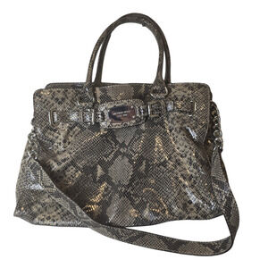 Michael Kors brown snake skin print leather Hamilton satchel/crossbody silver